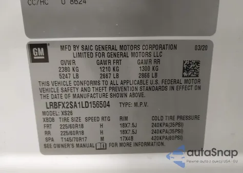 2020 Buick Envision Awd Essence z USA, uszkodzony, nr VIN LRBFX2SA1LD156504